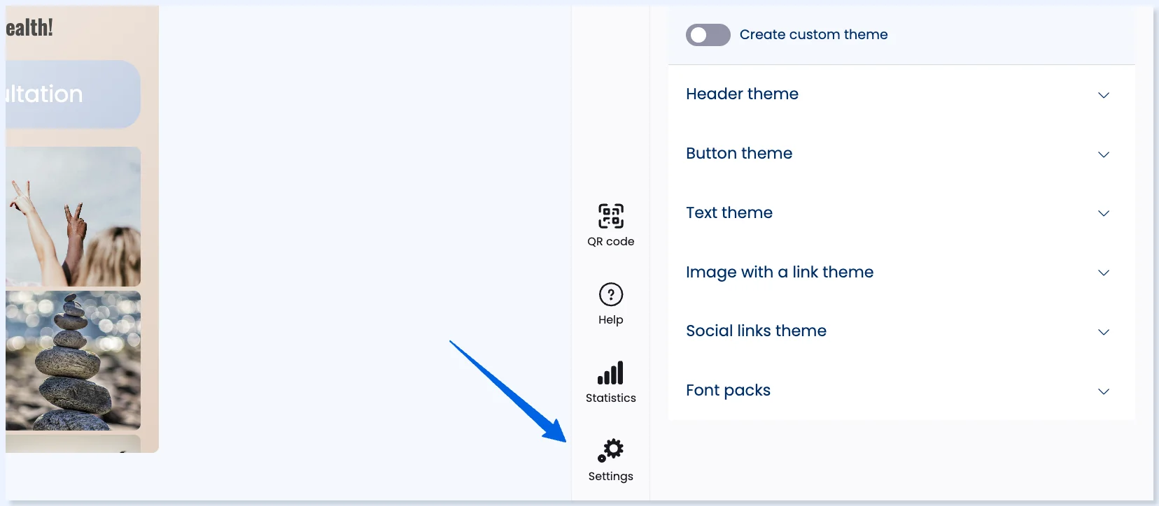 Settings na barra à direita do editor de páginas