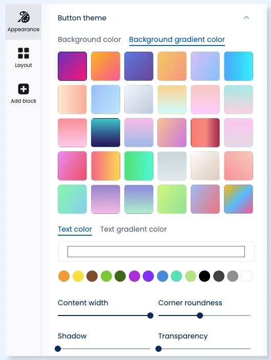 Aba Appearance com as configurações de Button theme