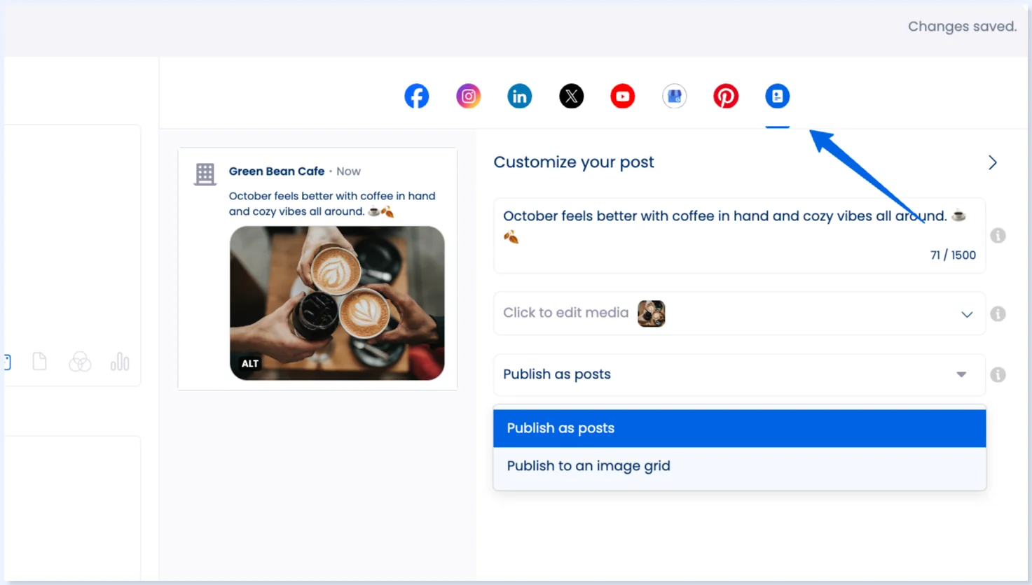 Opções de post da Vista Page no Publisher
