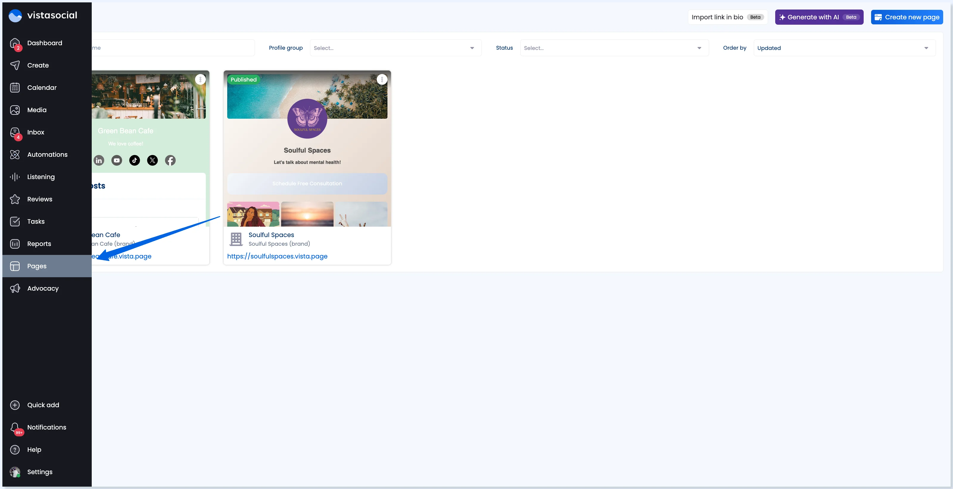 Menu Pages no Vista Social