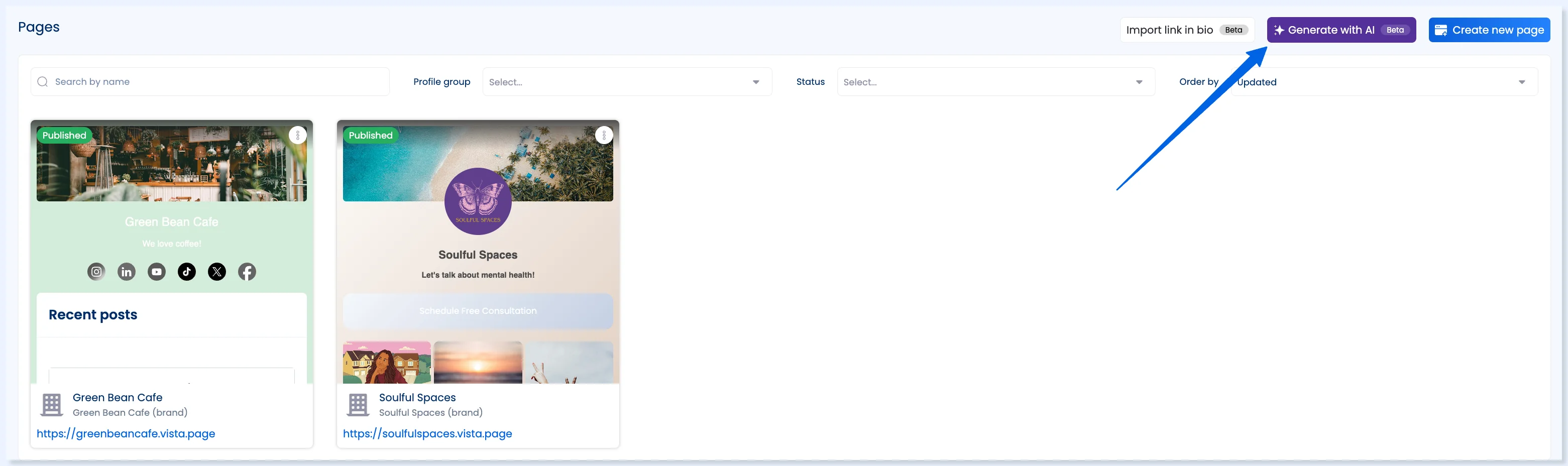 Botão Generate with AI na lista de Pages