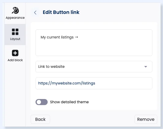 Configurações do bloco Button link