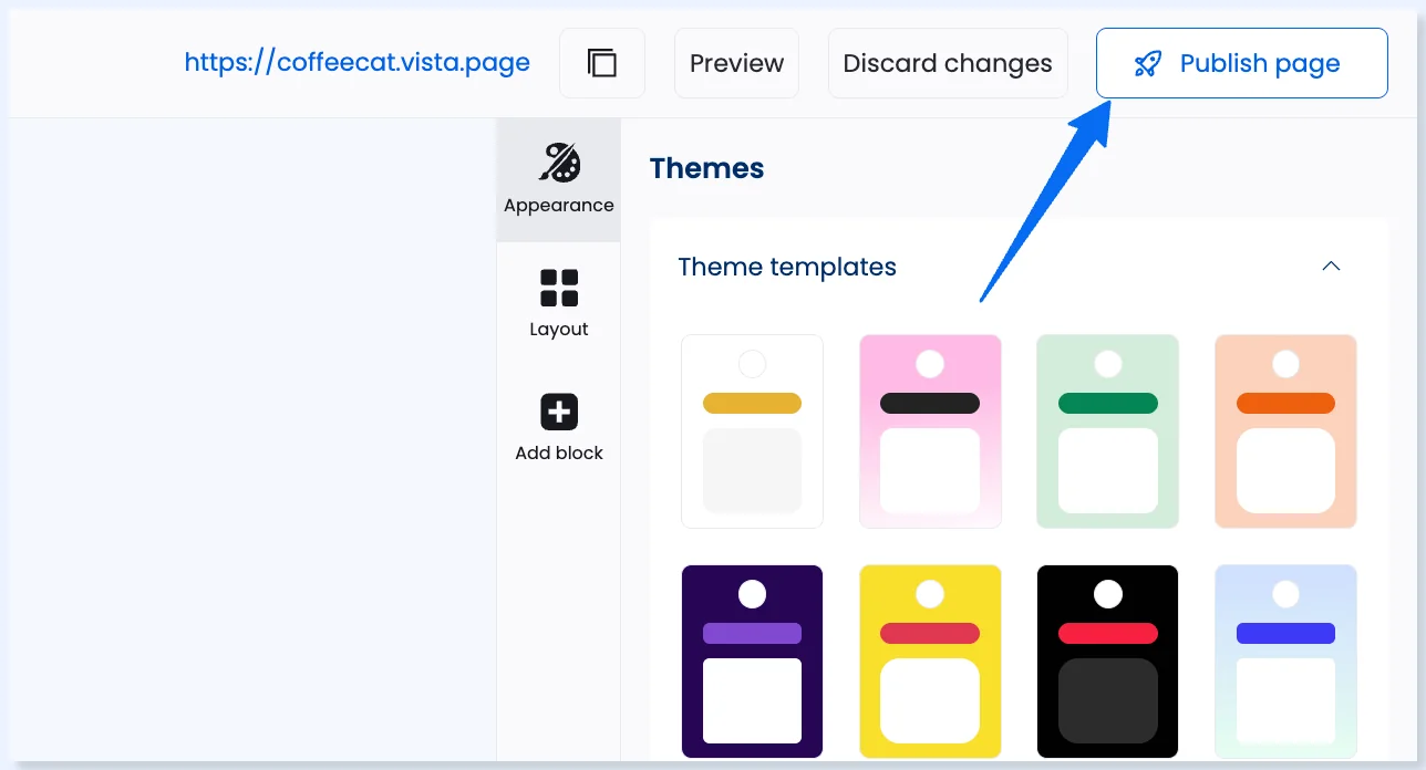 Botão Publish page no editor de páginas