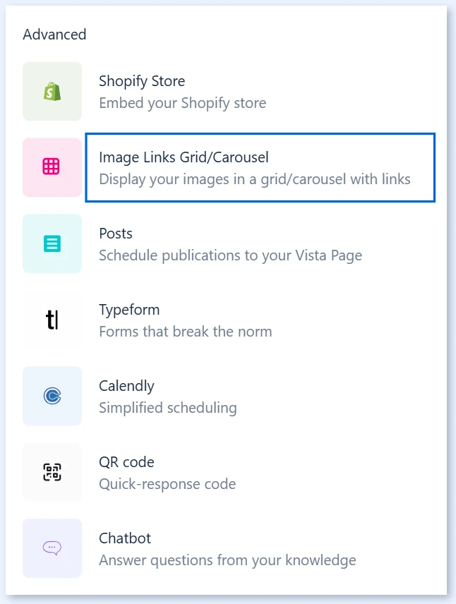 Блок Image Links Grid/Carousel на панели Add block