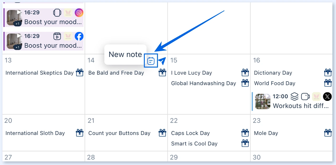 Ao passar o mouse sobre uma data no calendário, aparece o ícone de nota com a dica New note