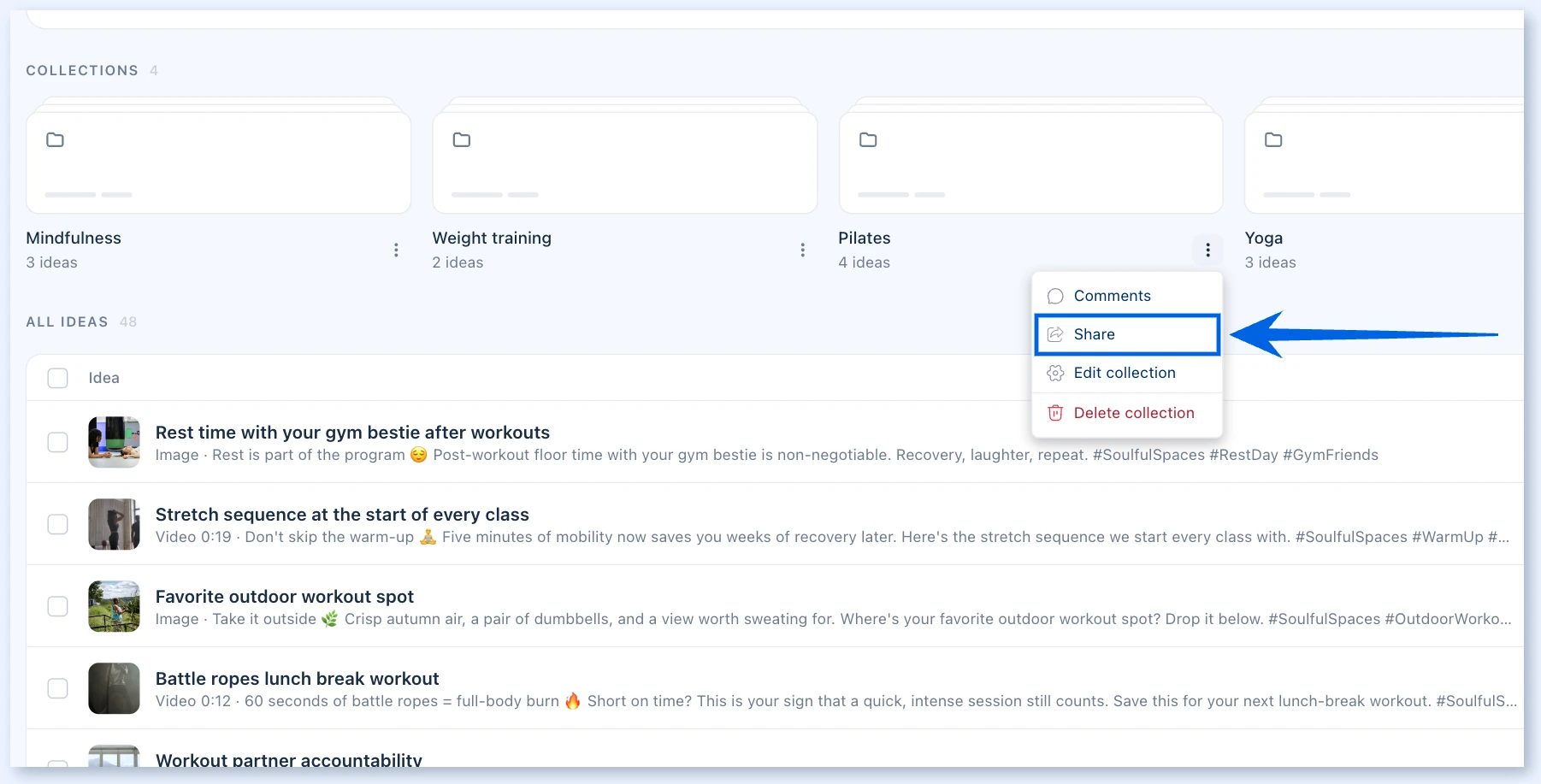 An idea collection menu with Share highlighted