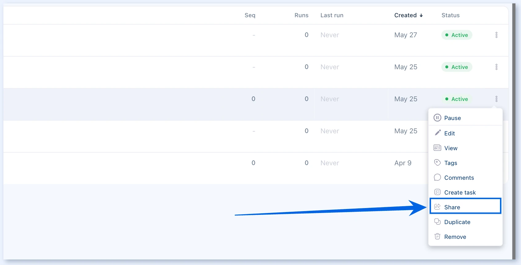Automations table row menu with Share highlighted