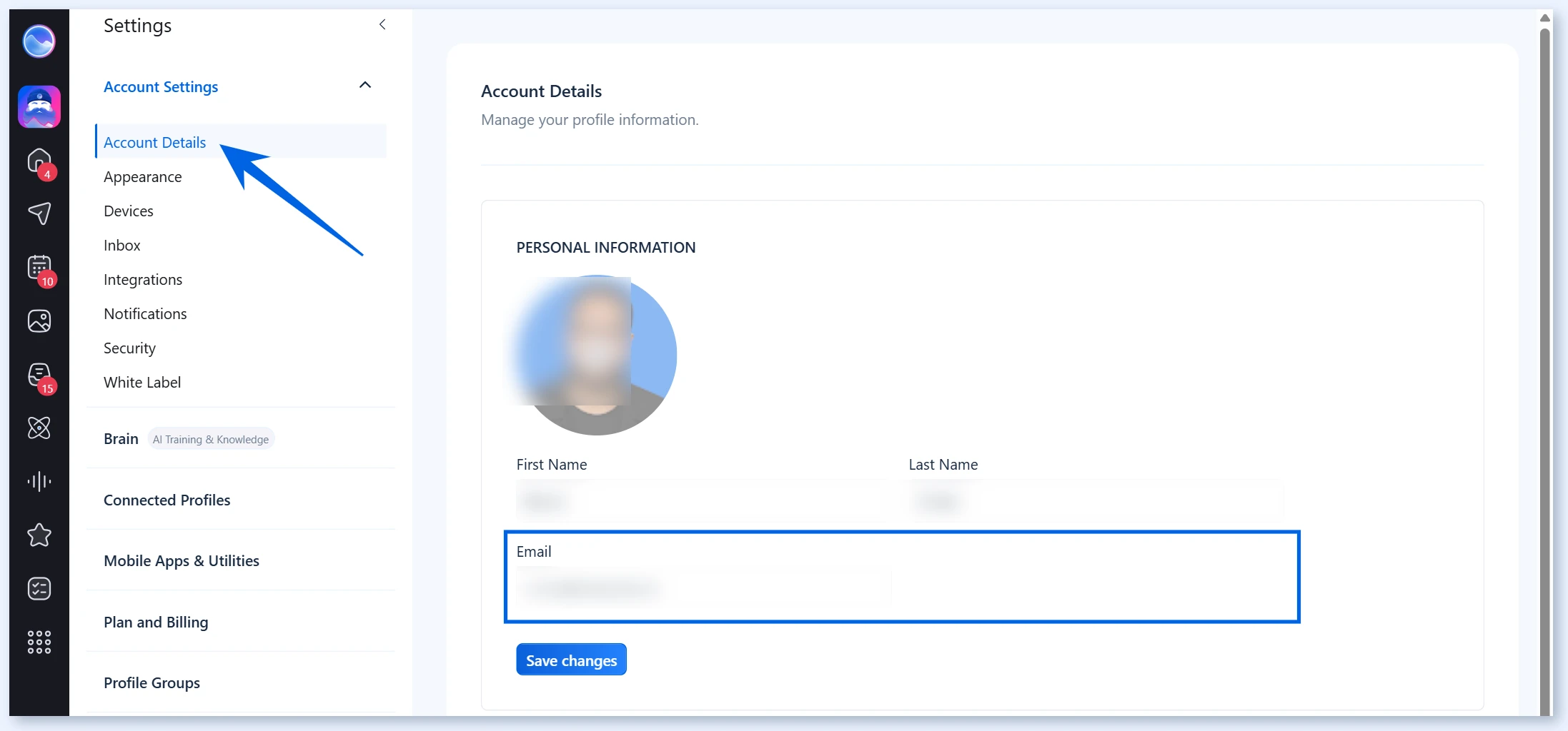 Campo Email em Account Details