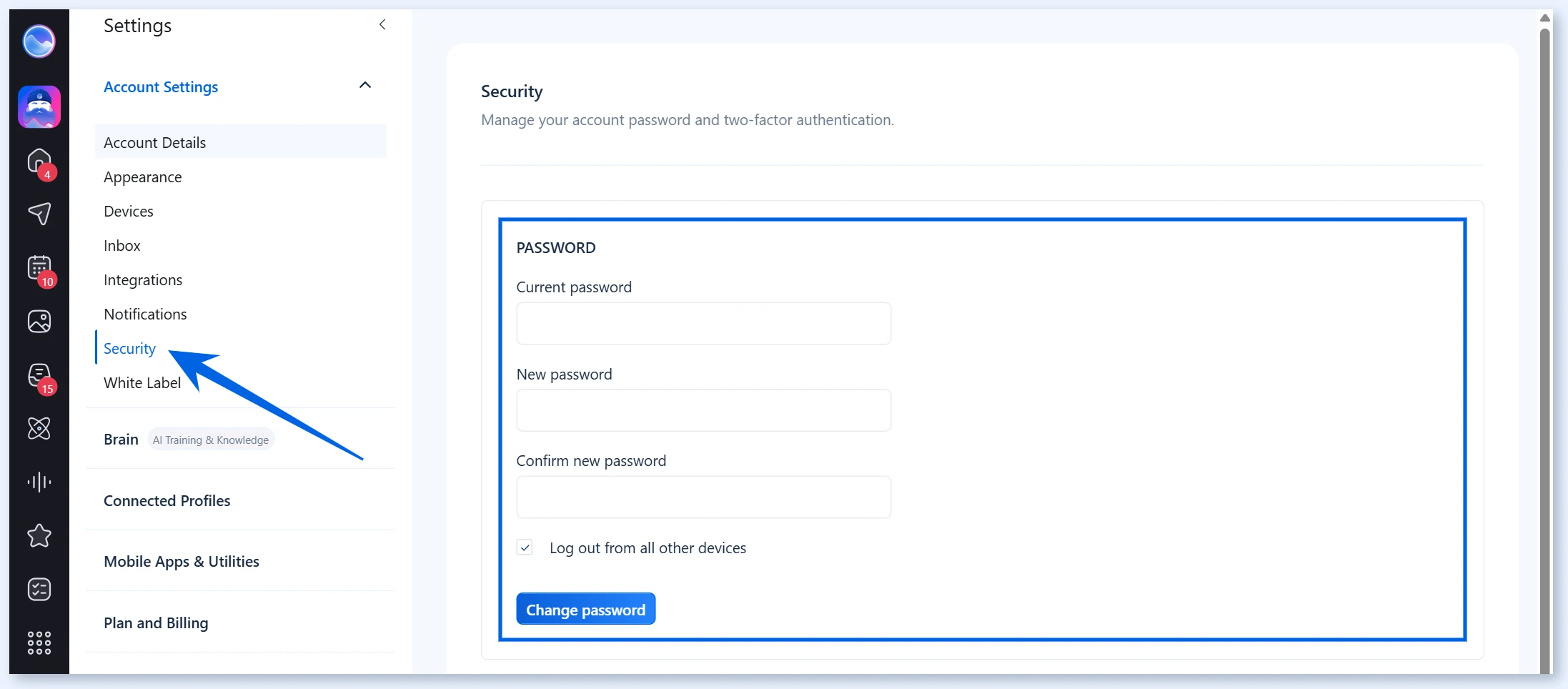 Seção Password nas configurações de Security