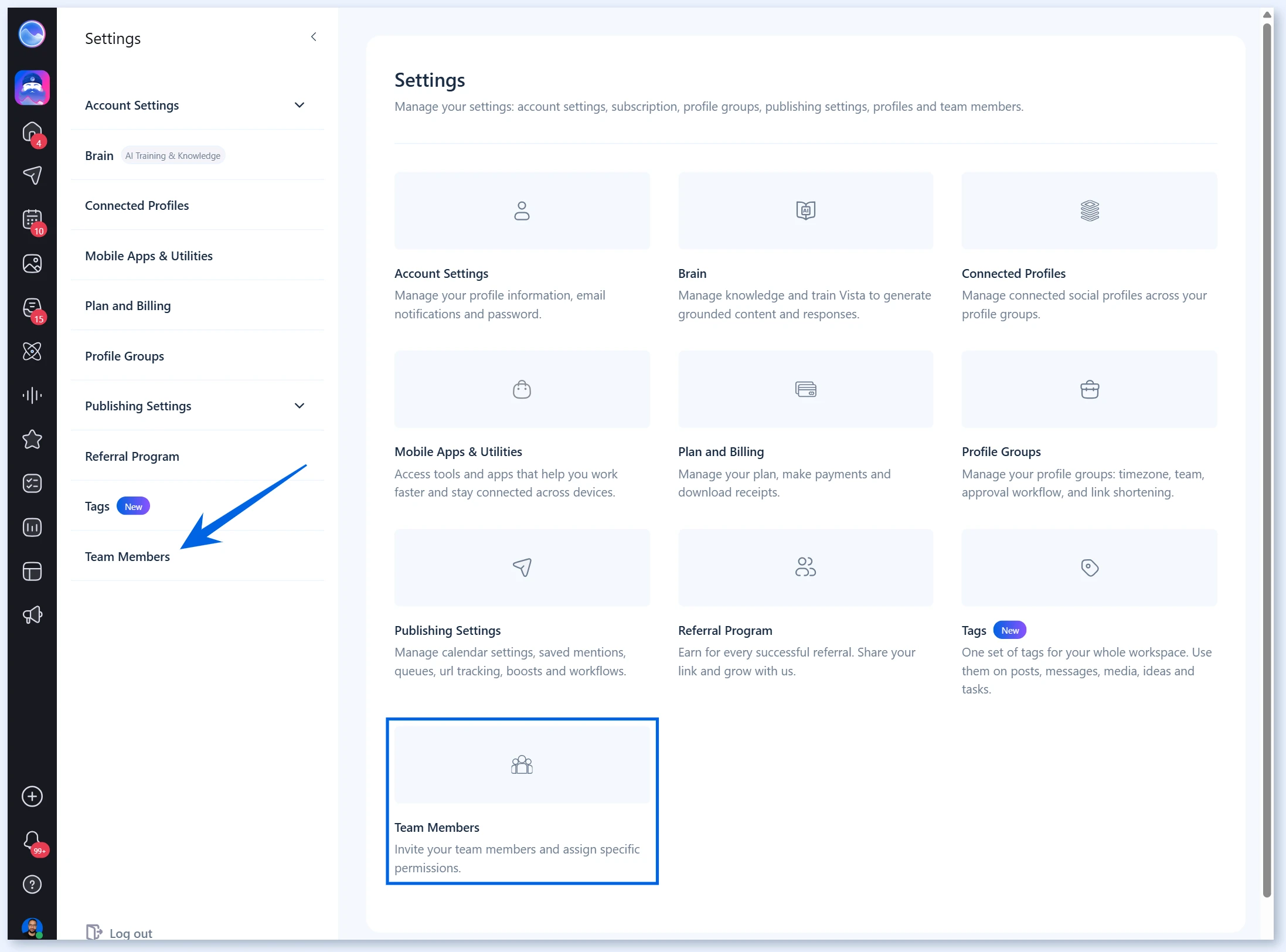 Team Members em Settings
