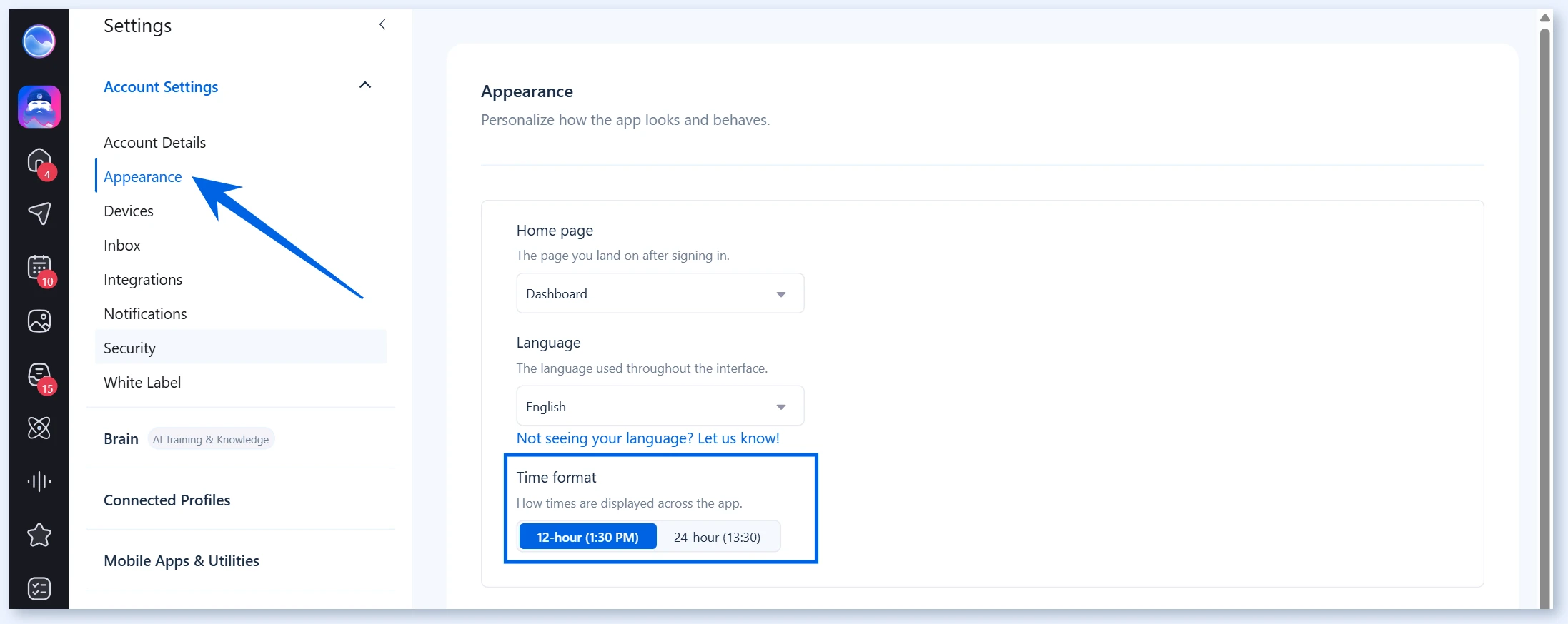 Time format nas configurações de Appearance