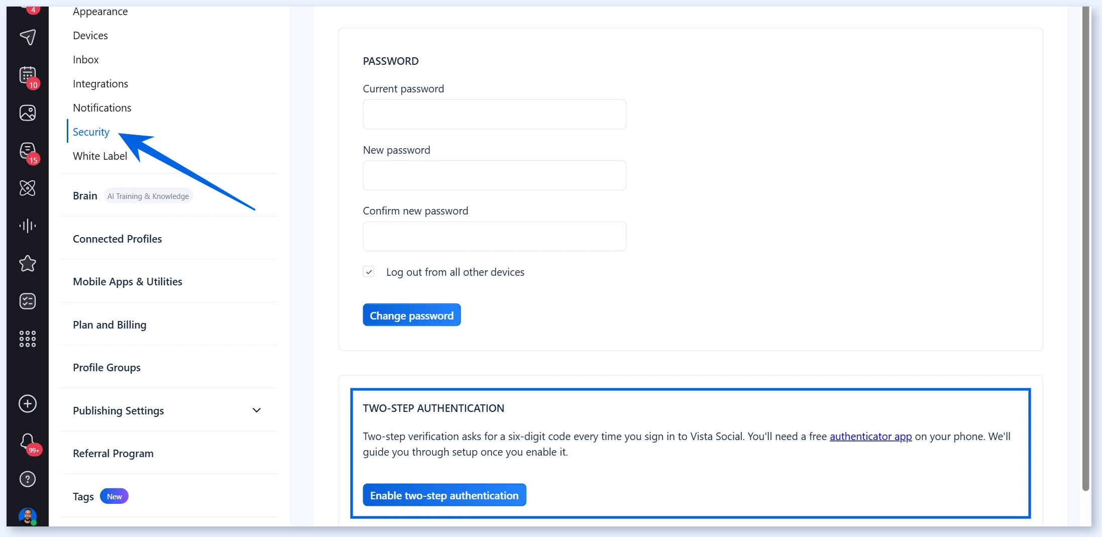 Two-step authentication in Account Settings, Security
