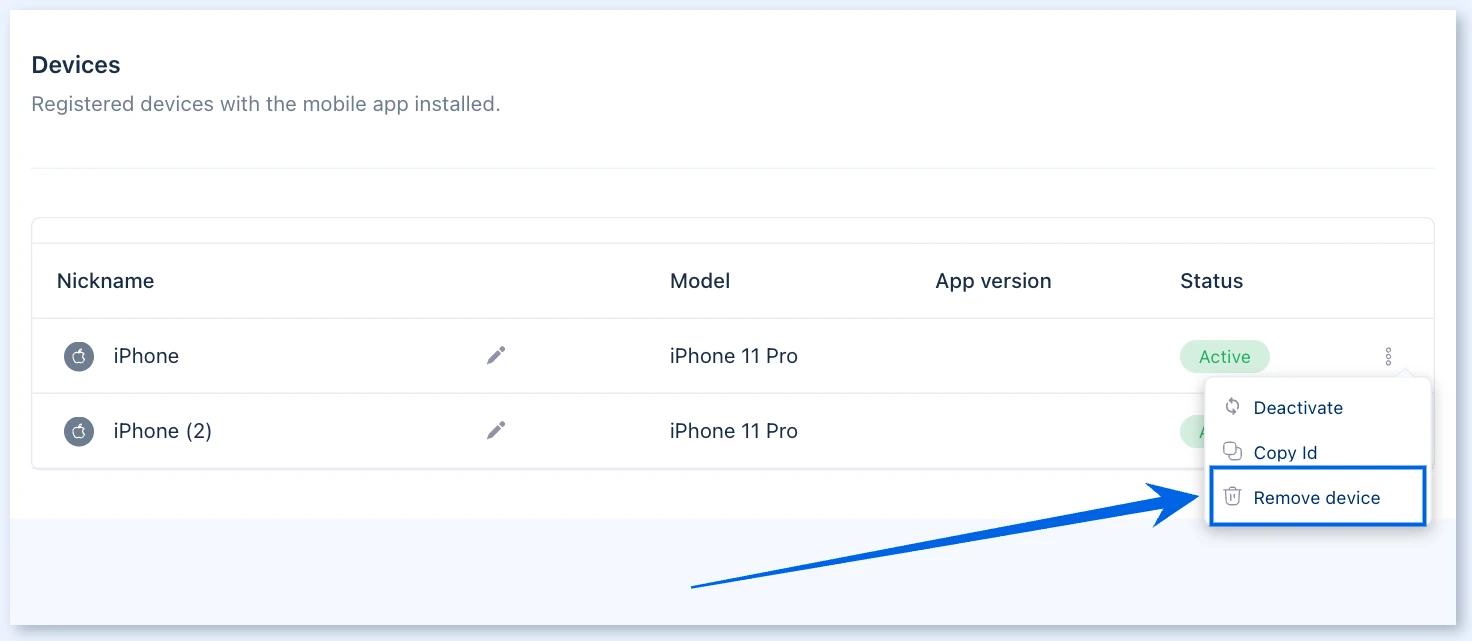 Remove device option in the device menu