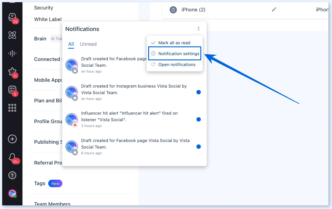 Notification settings in the notifications menu