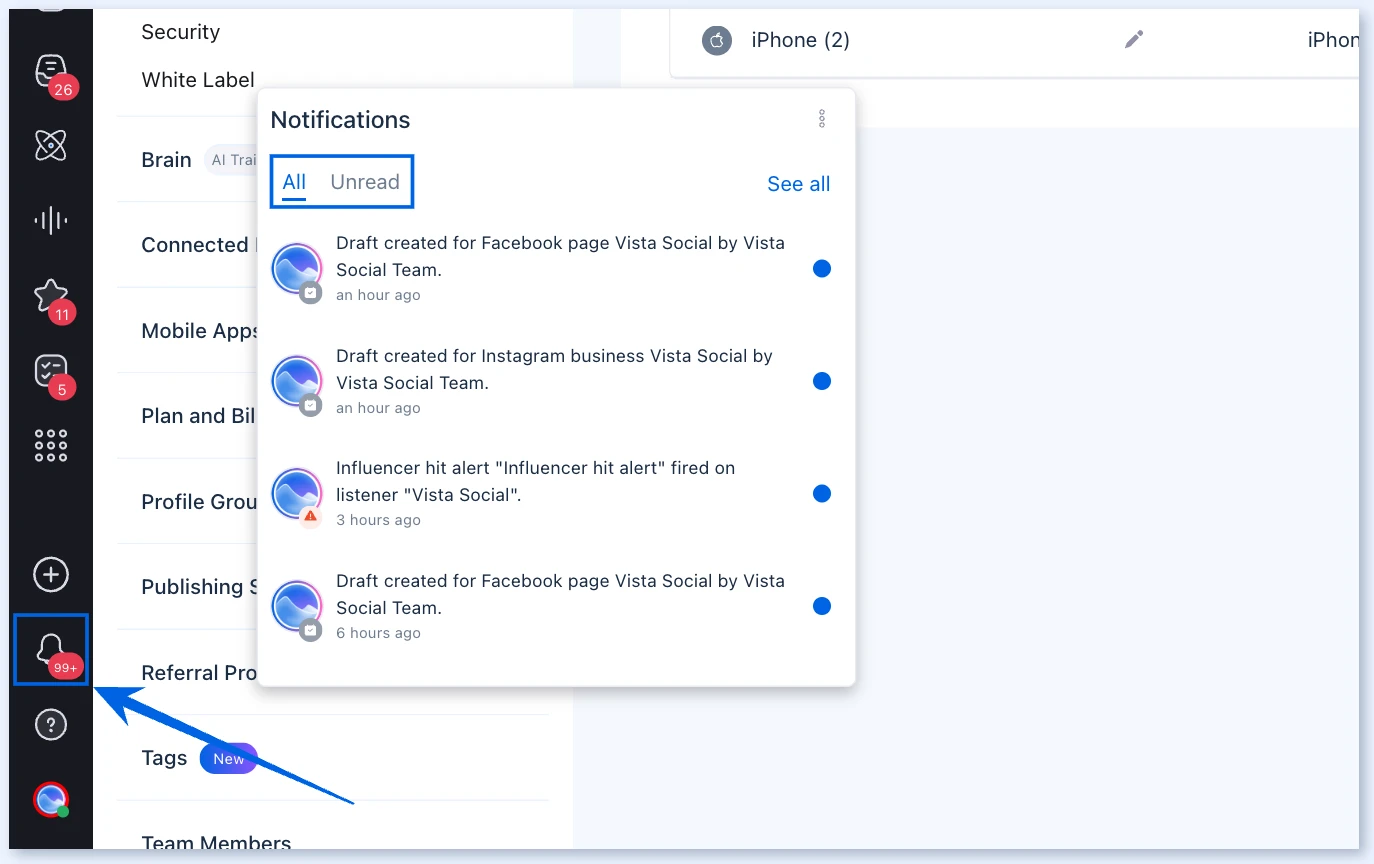 Notifications bell and pop-up with All and Unread tabs