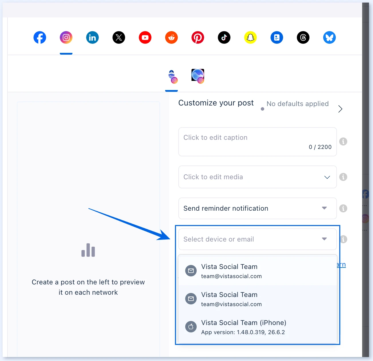Select device or email for reminder notifications