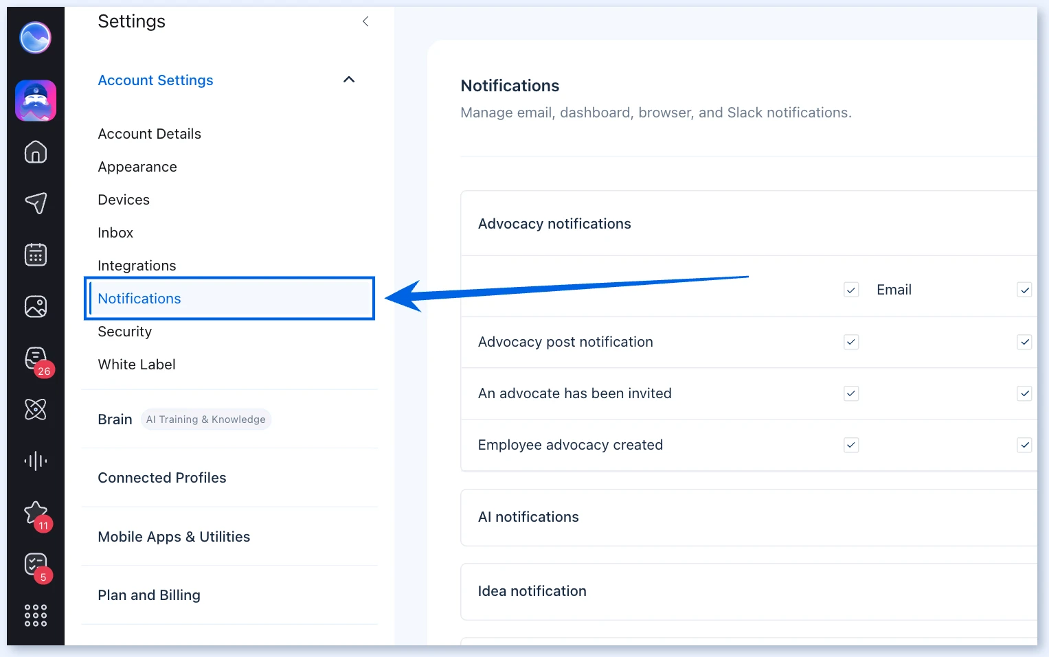 Notifications in the Account Settings menu