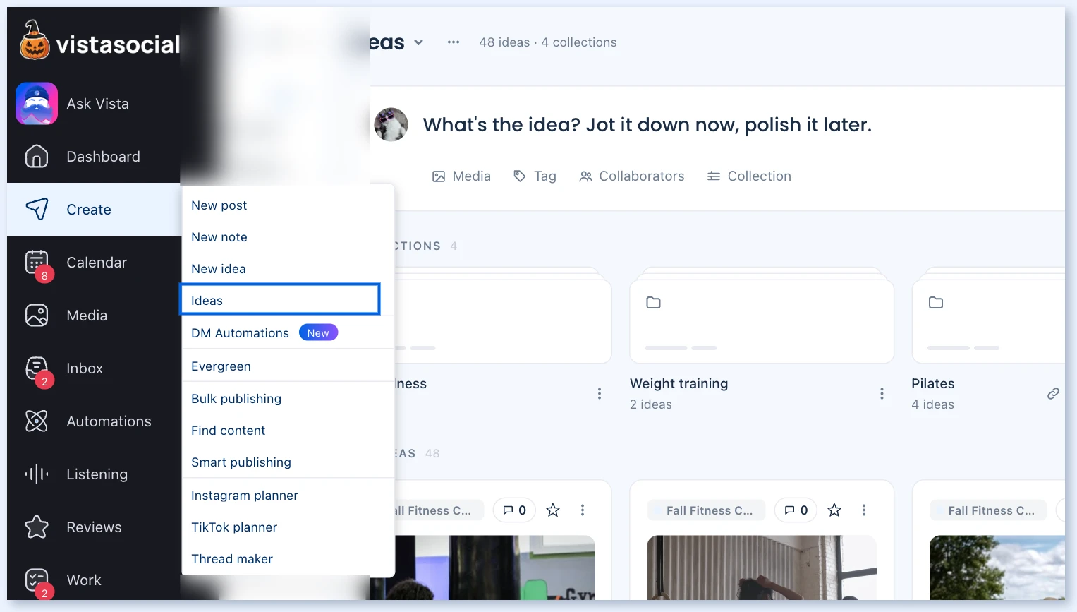 Menu Create com Ideas em destaque