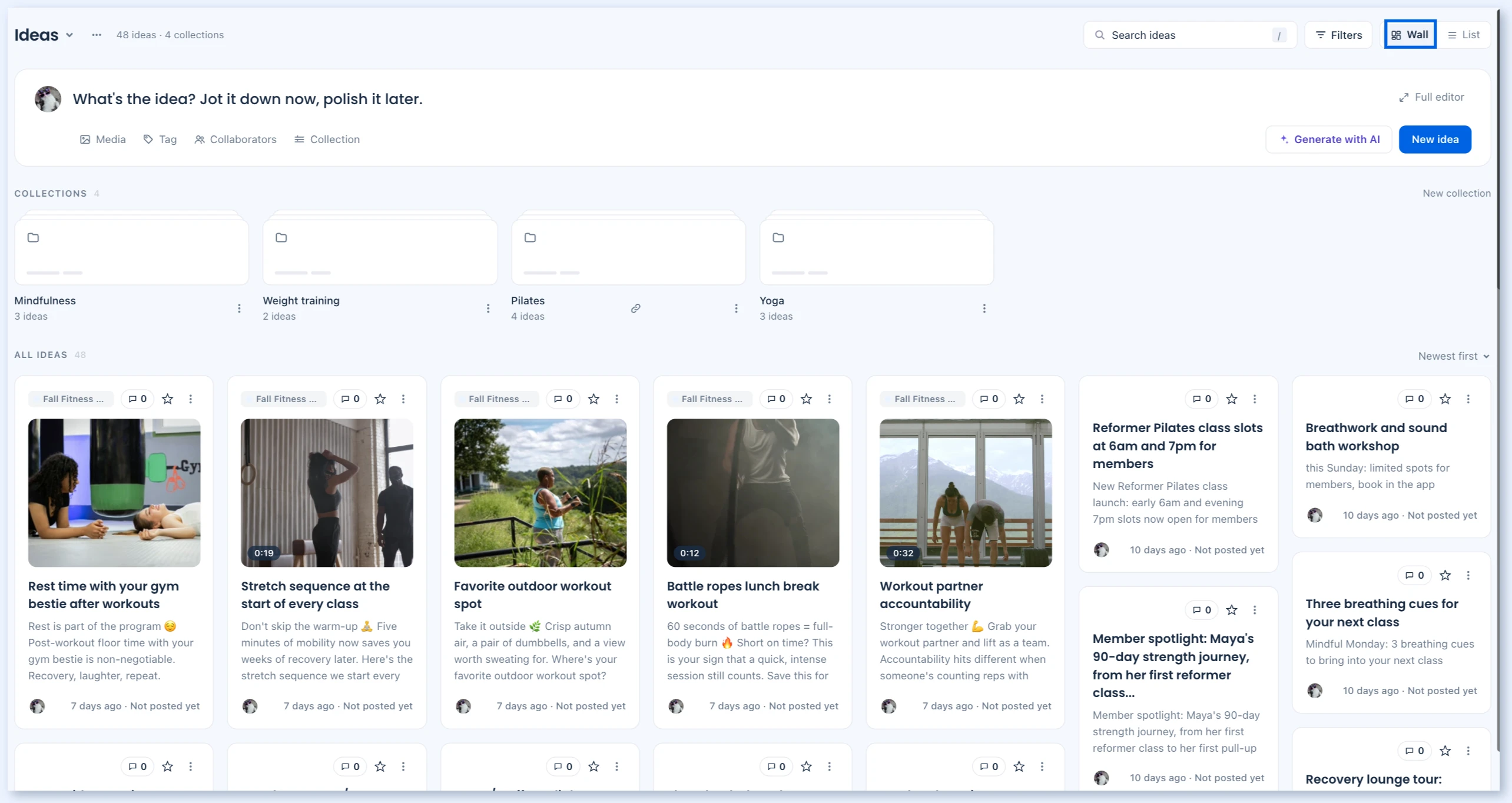 Página do Ideas na visualização Wall com a caixa de captura, as coleções e os cards de ideias