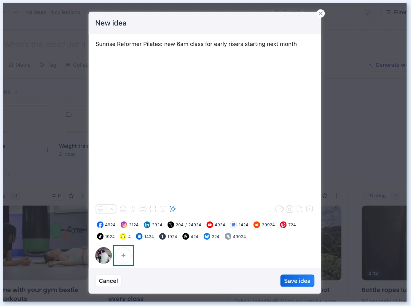 Janela de nova ideia no editor completo com o botão + para adicionar colaboradores
