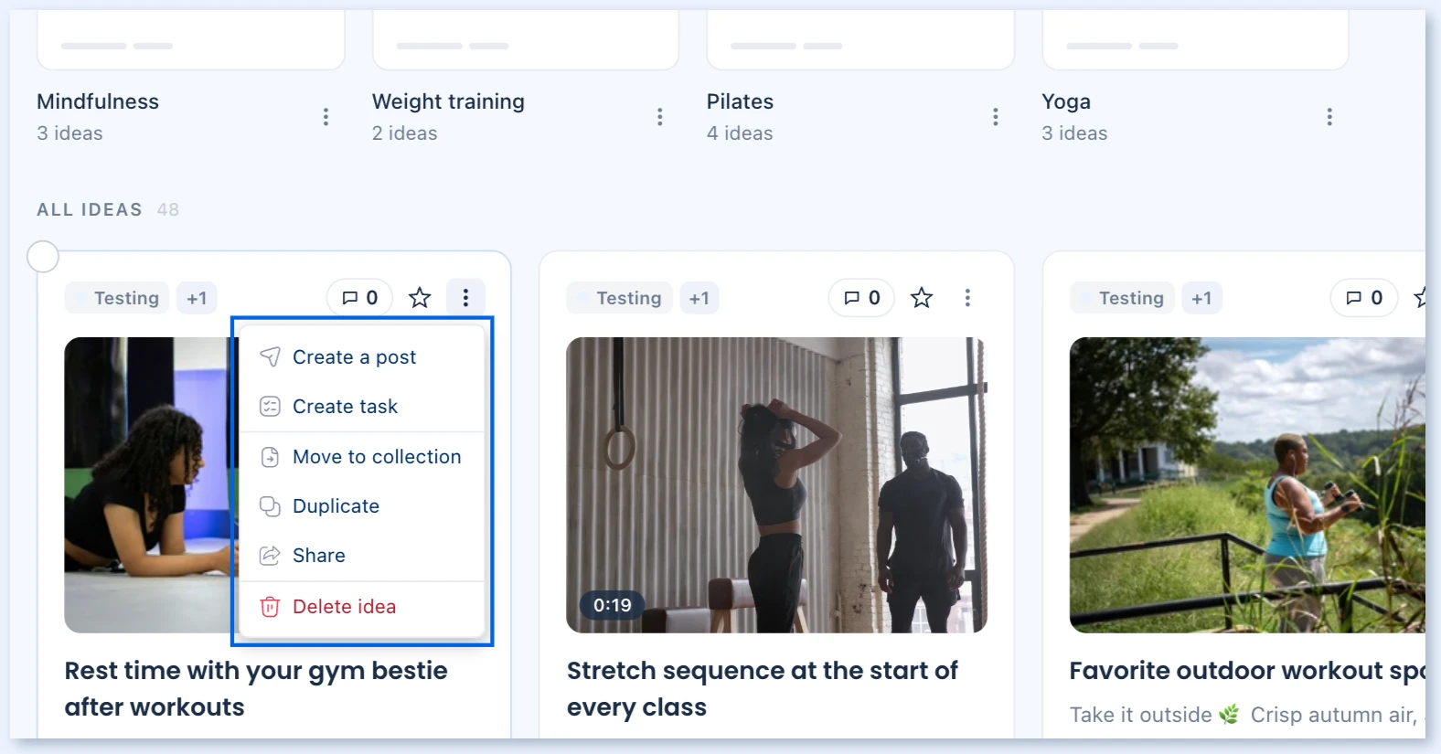 Menú de la tarjeta de una idea con Create a post, Create task, Move to collection, Duplicate, Share y Delete idea