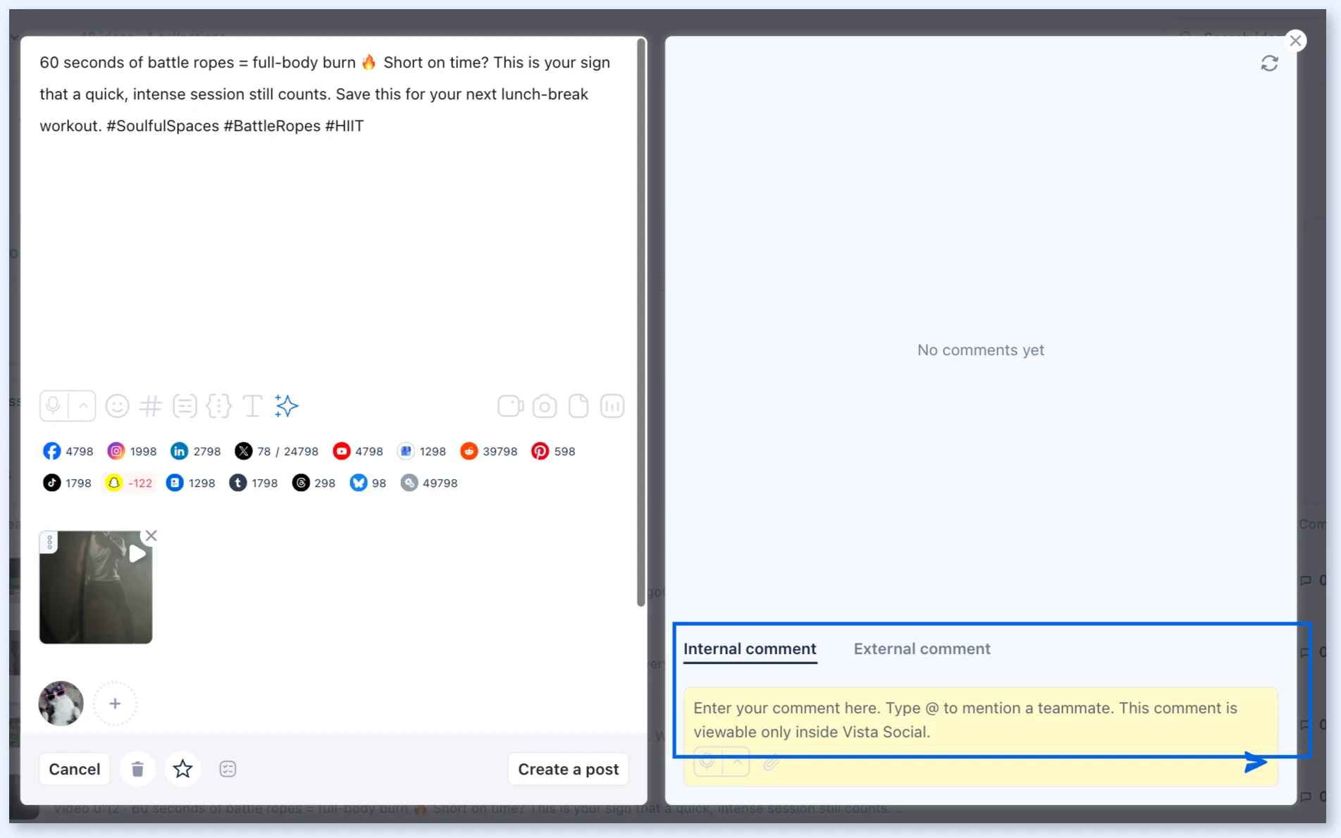 Cuadro de comentarios con las pestañas Internal comment y External comment junto a una idea