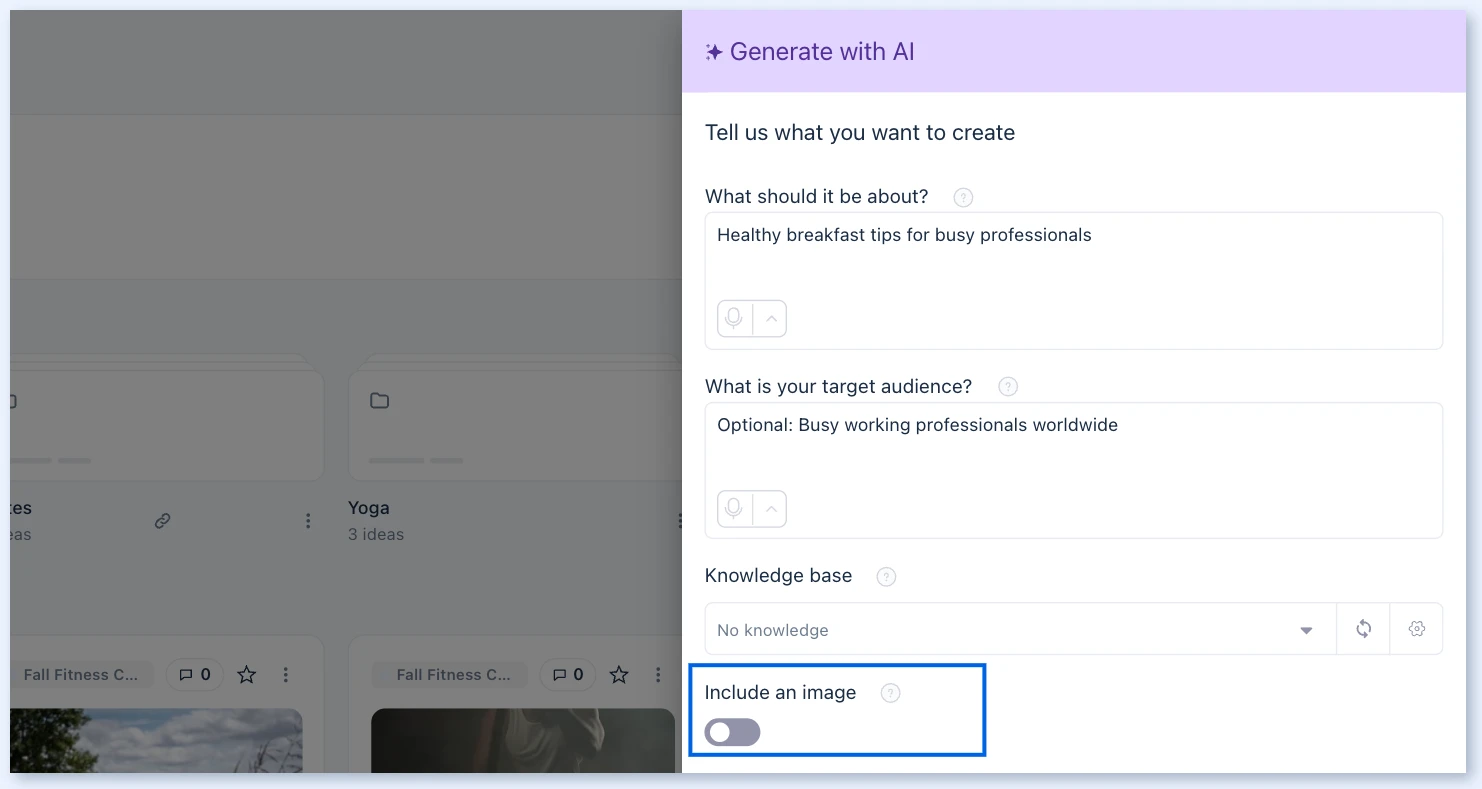 Painel Generate with AI com os campos do formulário, Knowledge base e Include an image
