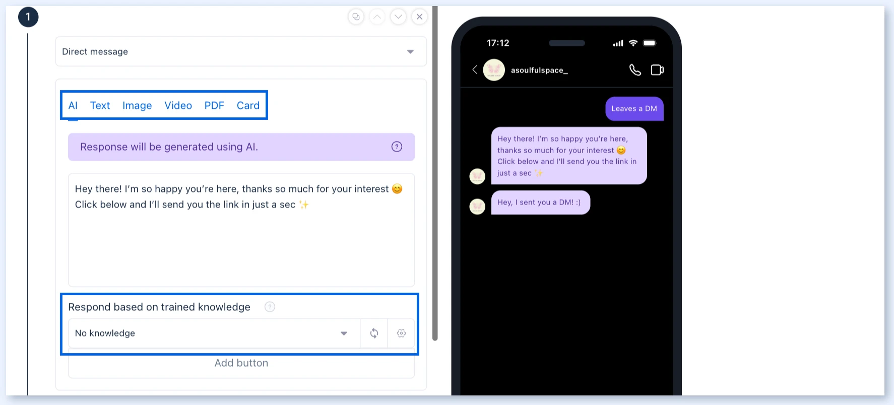 Direct message action on the AI tab, with message format tabs and the Respond based on trained knowledge option