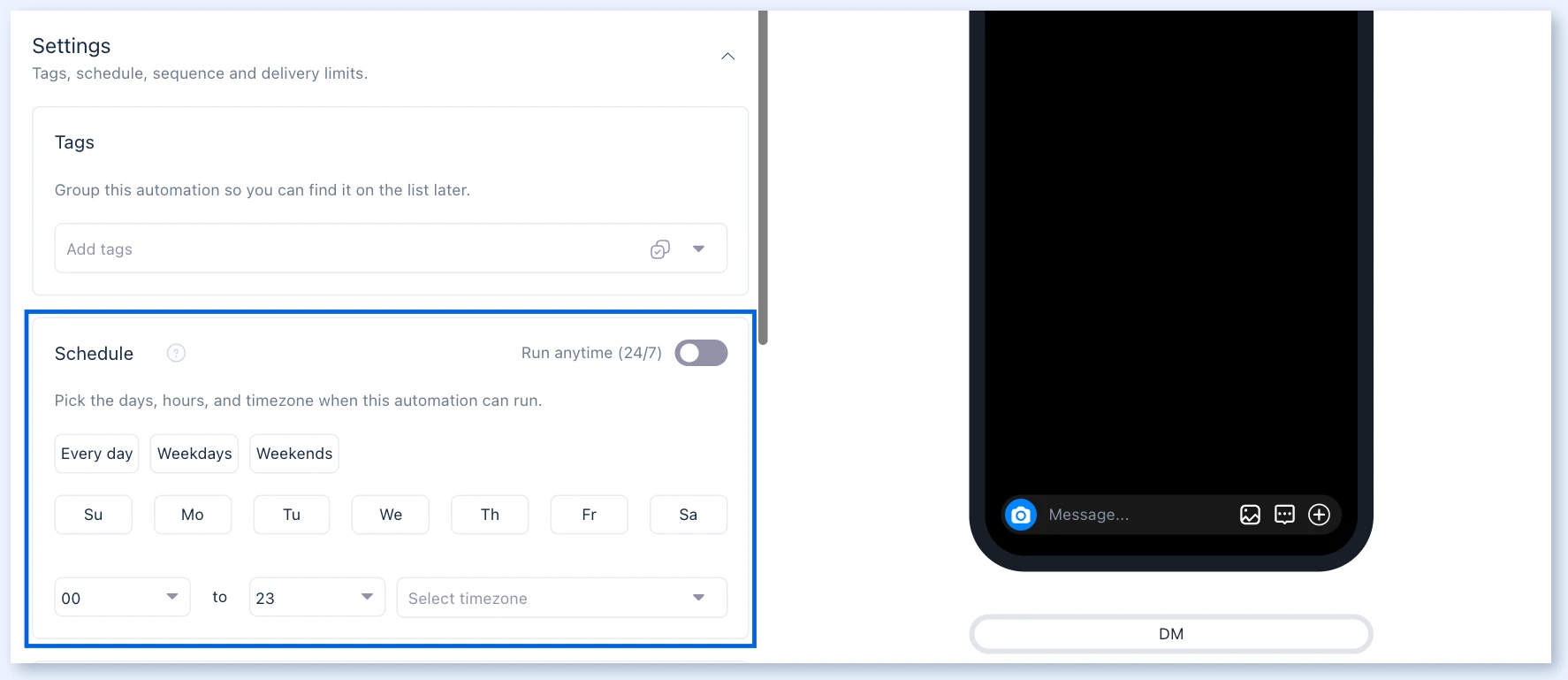 Automation Settings panel with the Schedule section, showing day, hour and timezone options