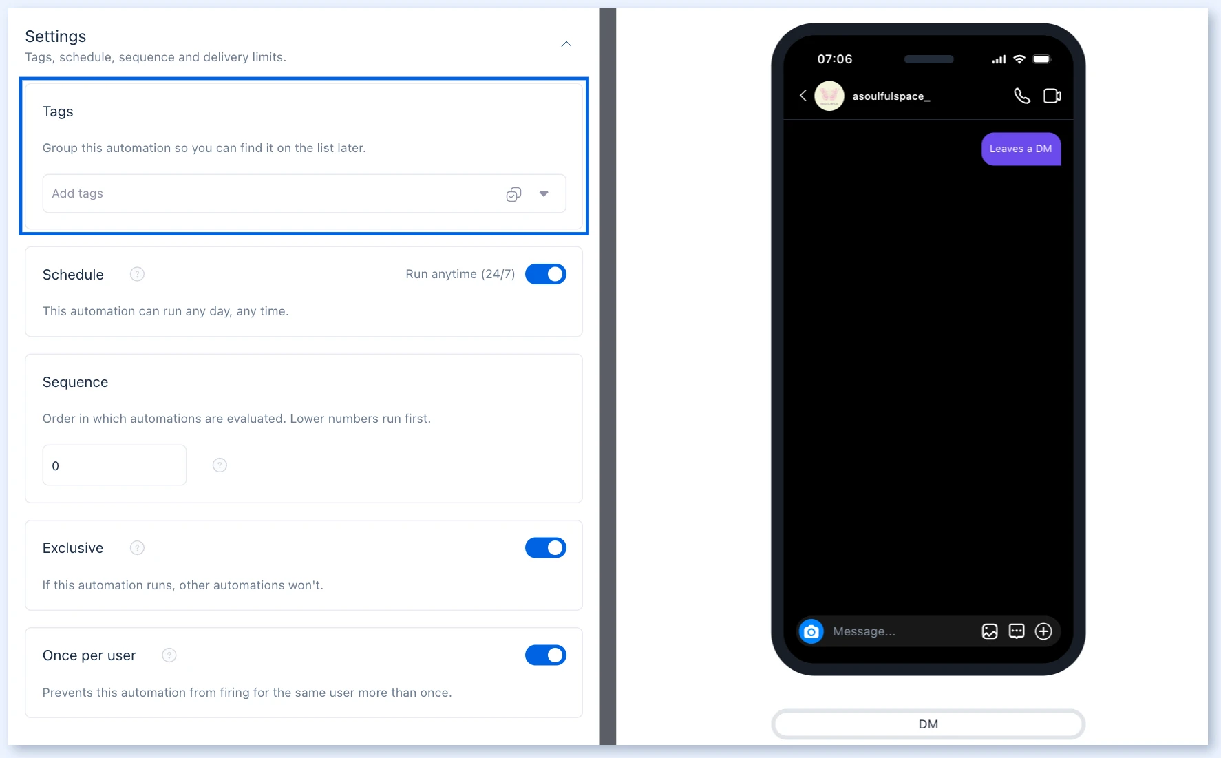 Automation Settings panel with Tags, Schedule, Sequence, Exclusive and Once per user