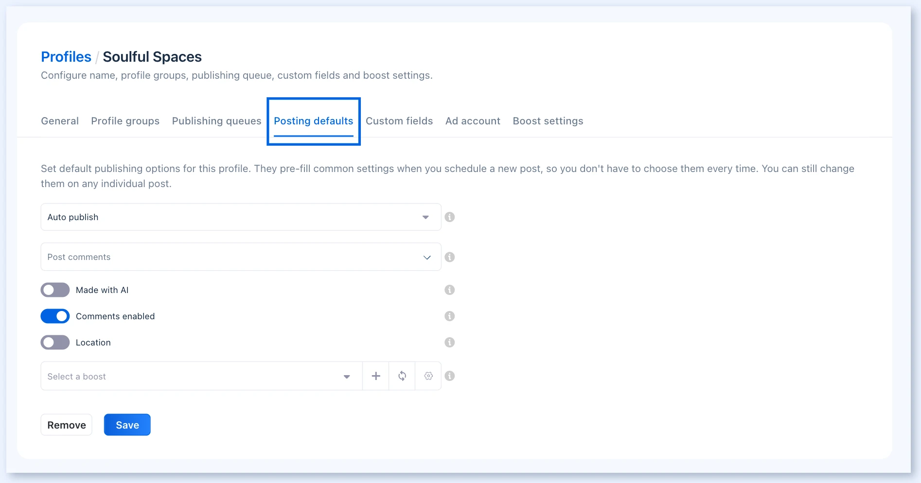 Вкладка Posting defaults