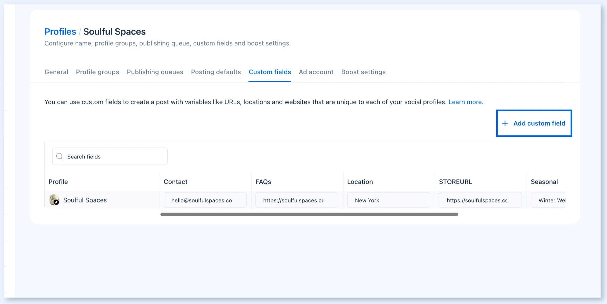 Вкладка Custom fields с выделенной кнопкой Add custom field
