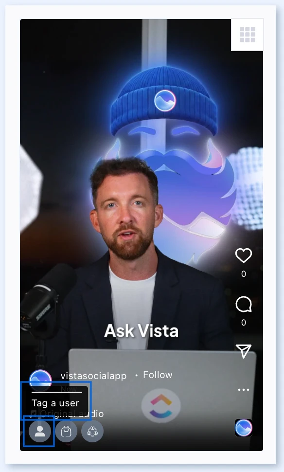 User icon and Tag a user in the Reel preview
