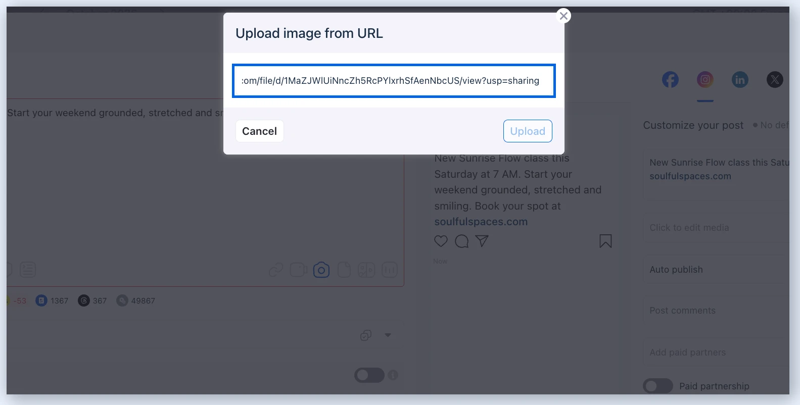 Окно Upload image from URL со ссылкой из Google Drive