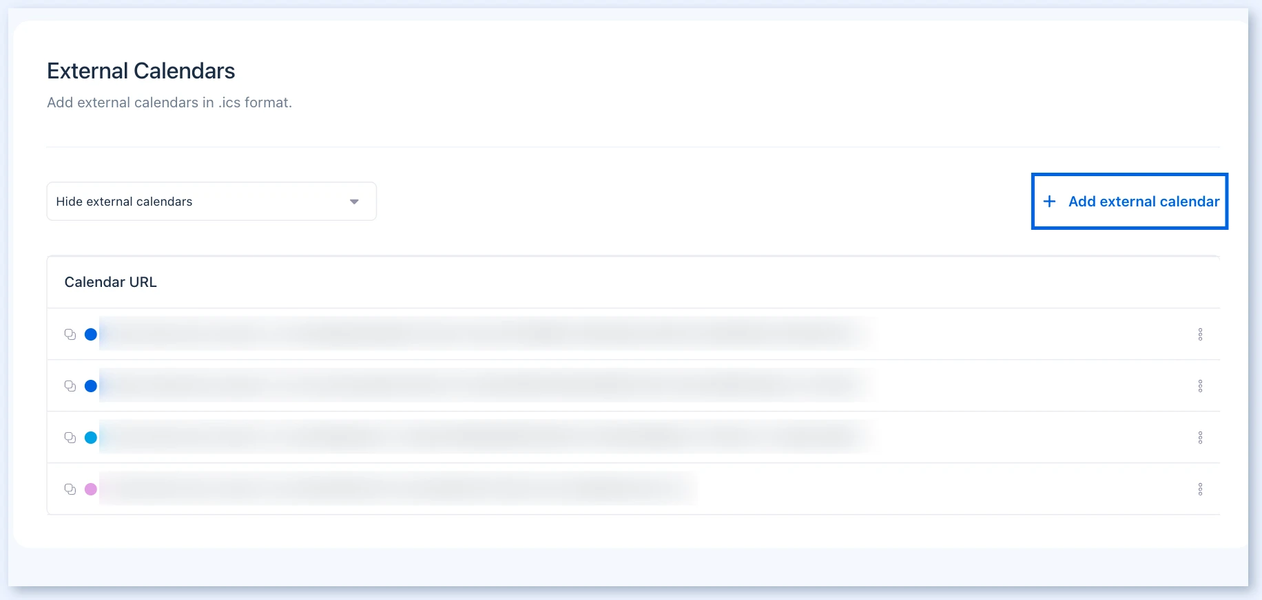 Страница External Calendars с выделенной кнопкой Add external calendar