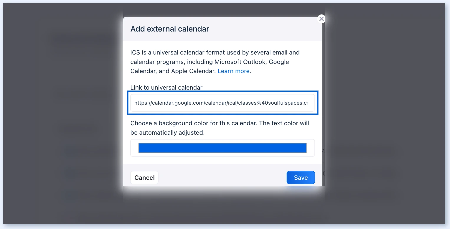 Окно Add external calendar с выделенным полем ICS-ссылки