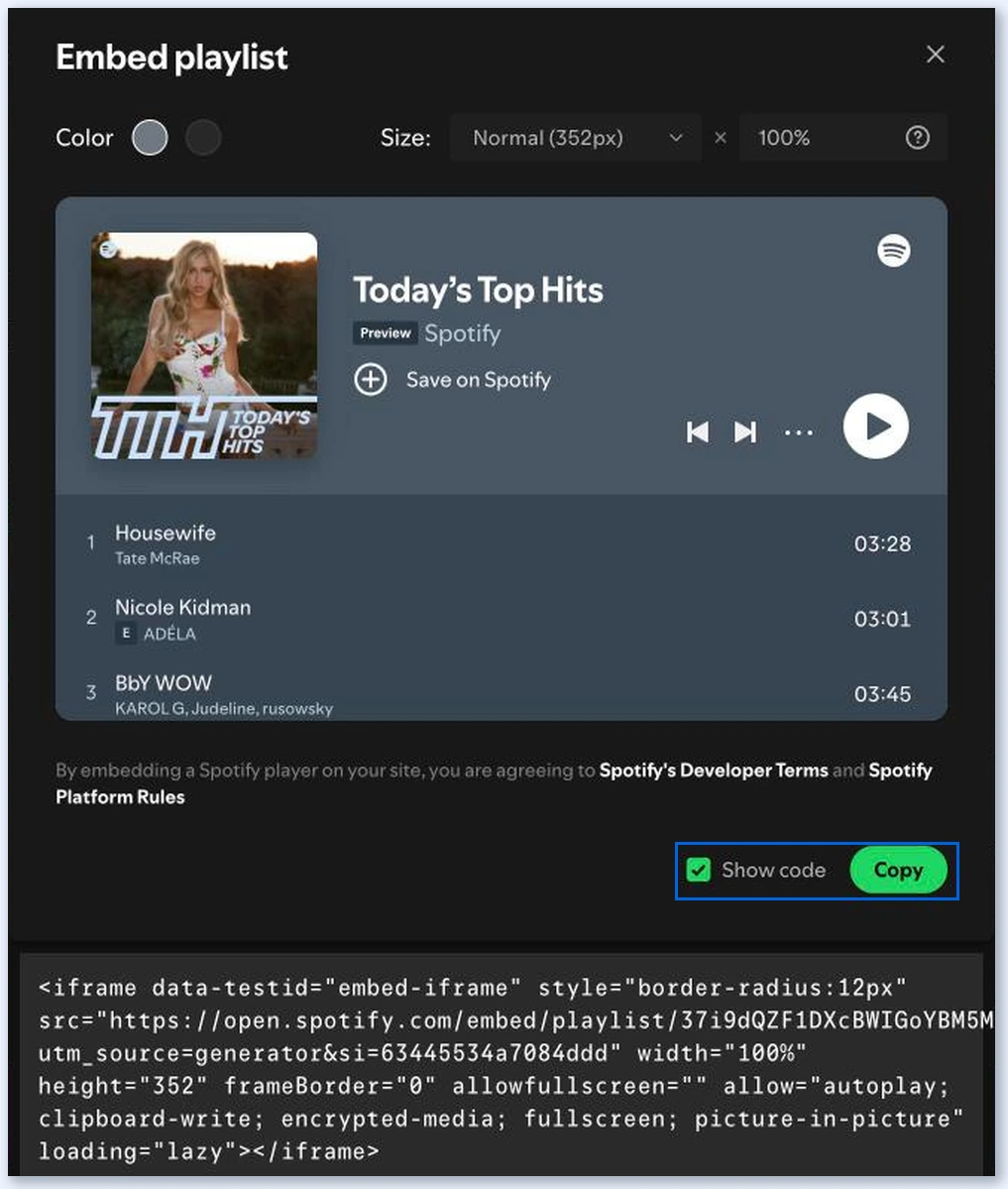 Janela Embed playlist do Spotify com Show code e Copy