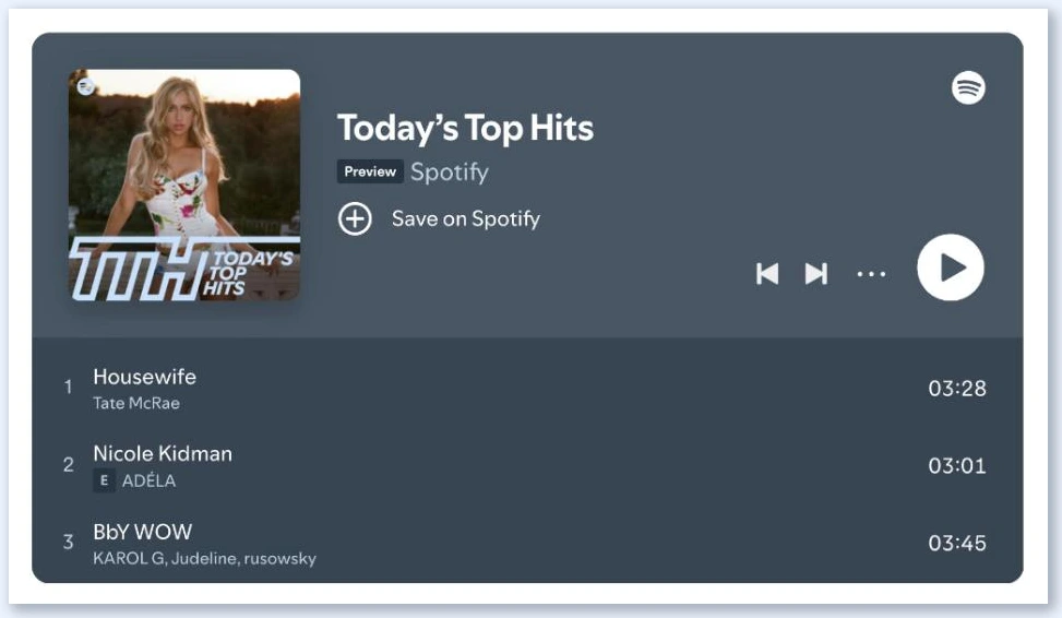 Player do Spotify na prévia de uma Vista Page