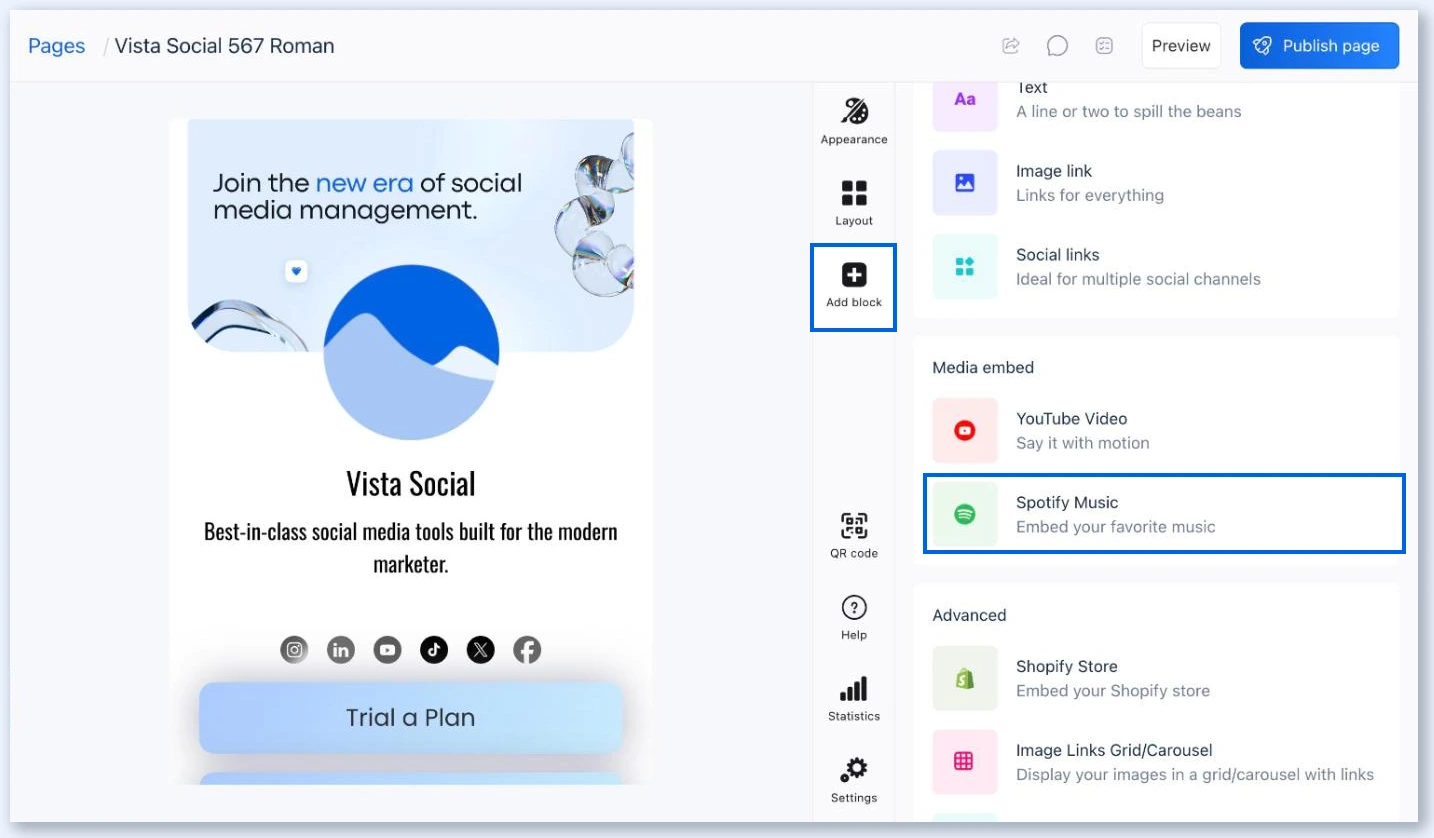 Painel Add block com Spotify Music em Media embed
