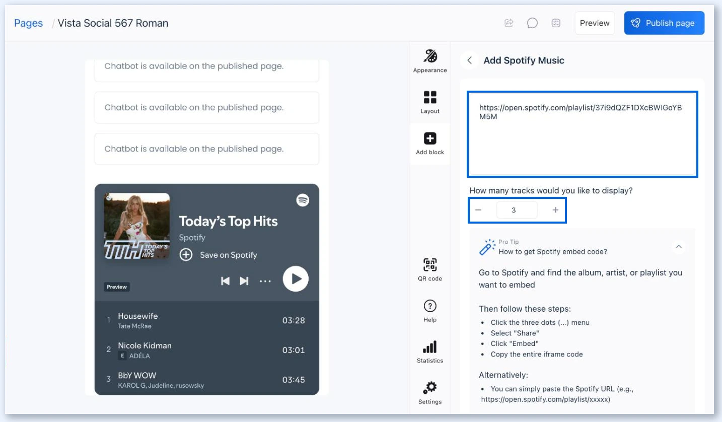 Painel Add Spotify Music com uma URL do Spotify e o número de faixas