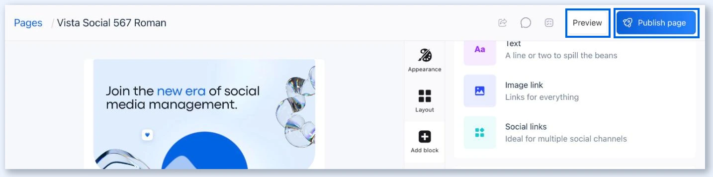 Botões Preview e Publish page no editor da Vista Page
