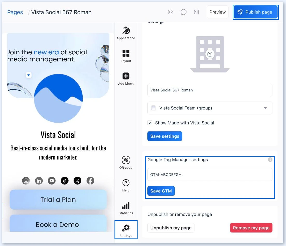 Configuración de Google Tag Manager en el panel Settings de la página de Vista
