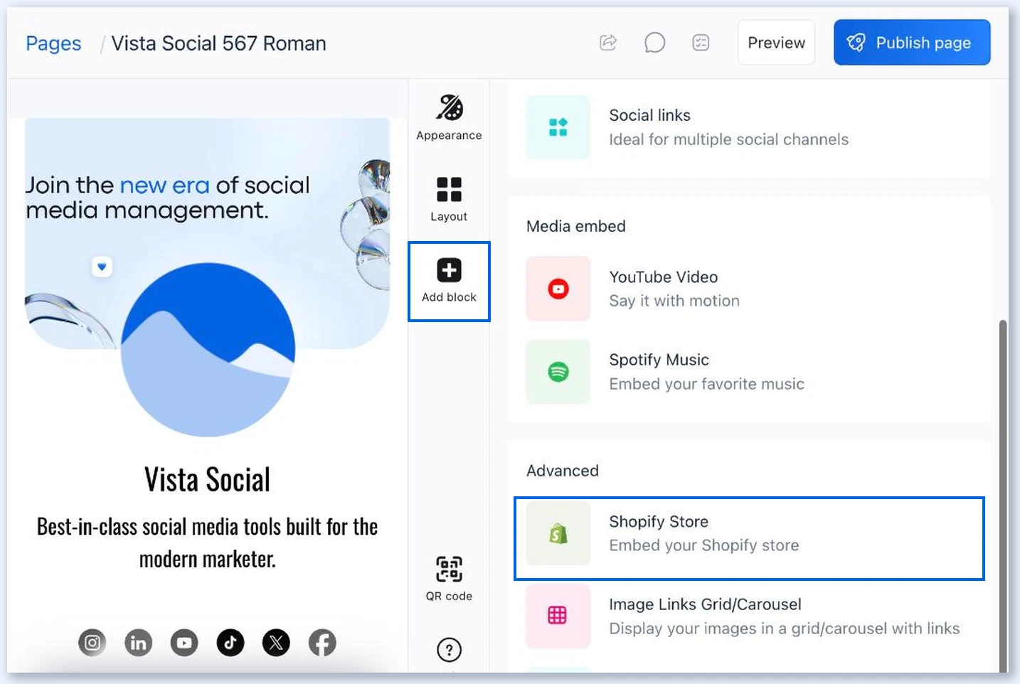 Painel Add block com Shopify Store em Advanced