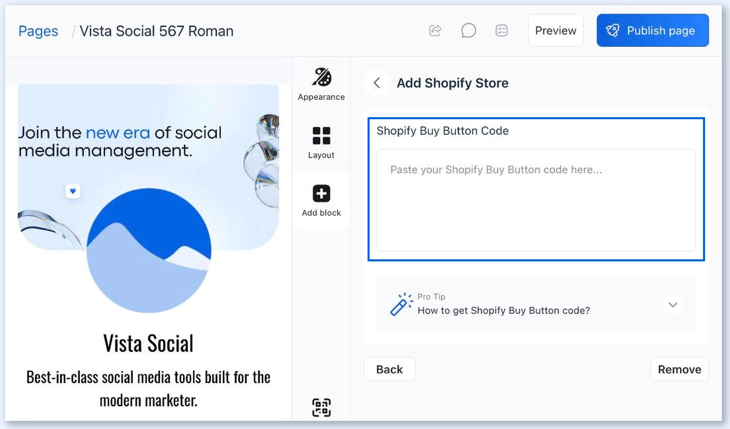 Painel Add Shopify Store com o campo Shopify Buy Button Code