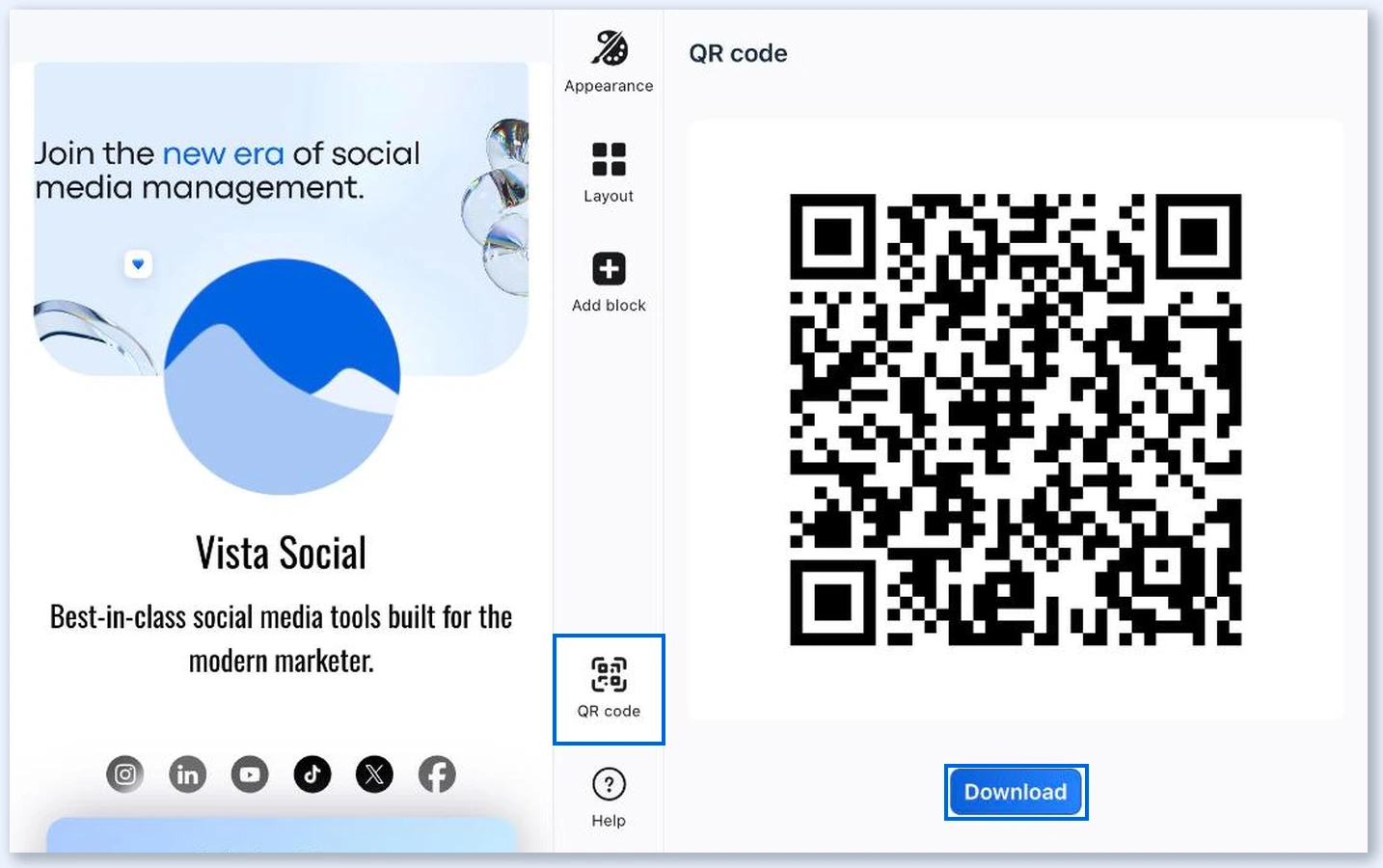 QR code tab in the Vista Page editor with the Download button