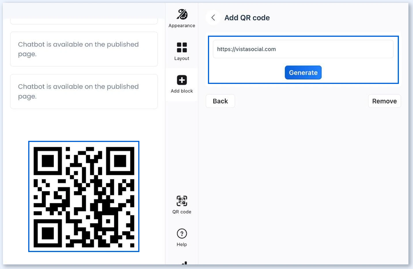 Add QR code panel with a link and the QR code in the preview
