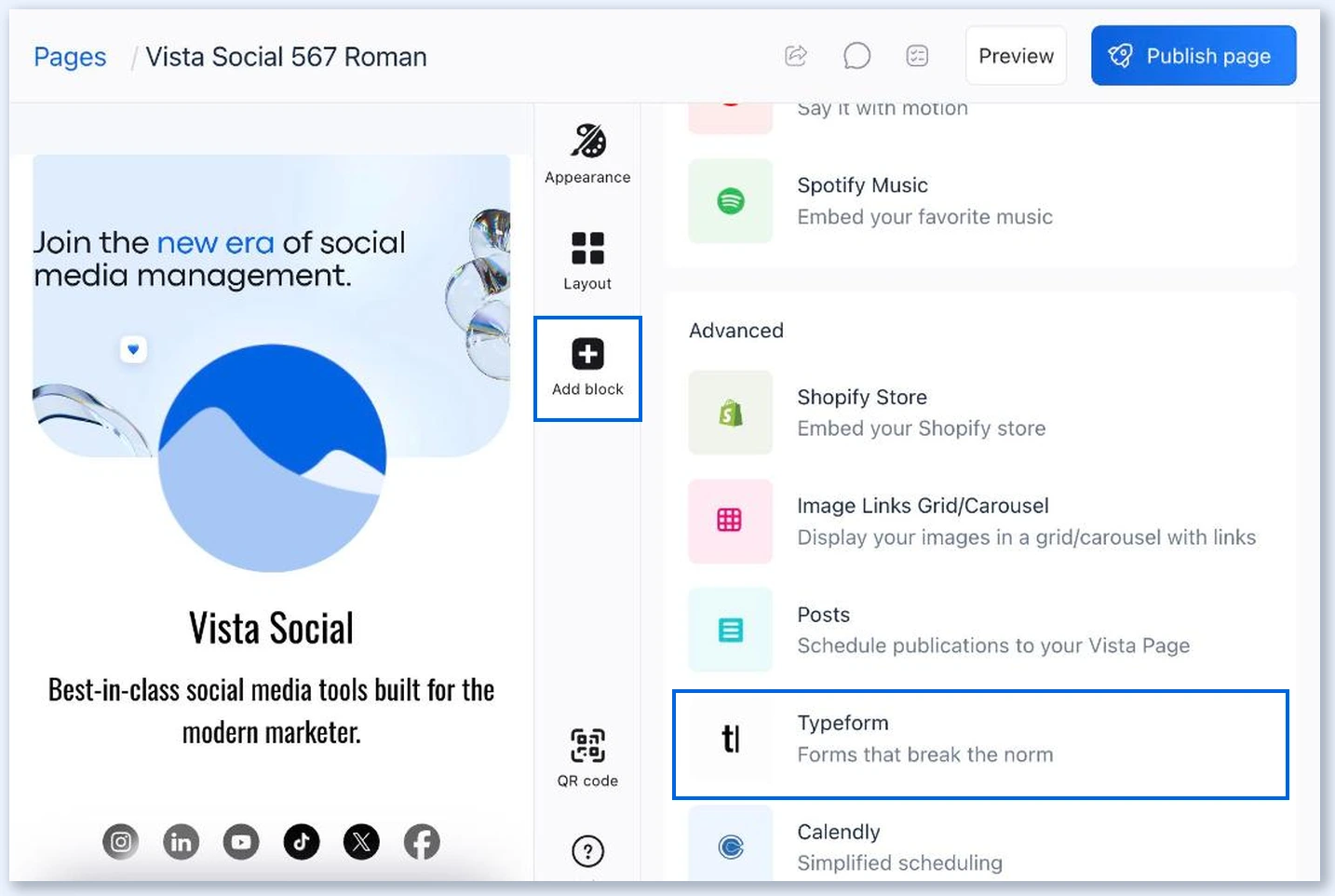 Painel Add block com Typeform em Advanced