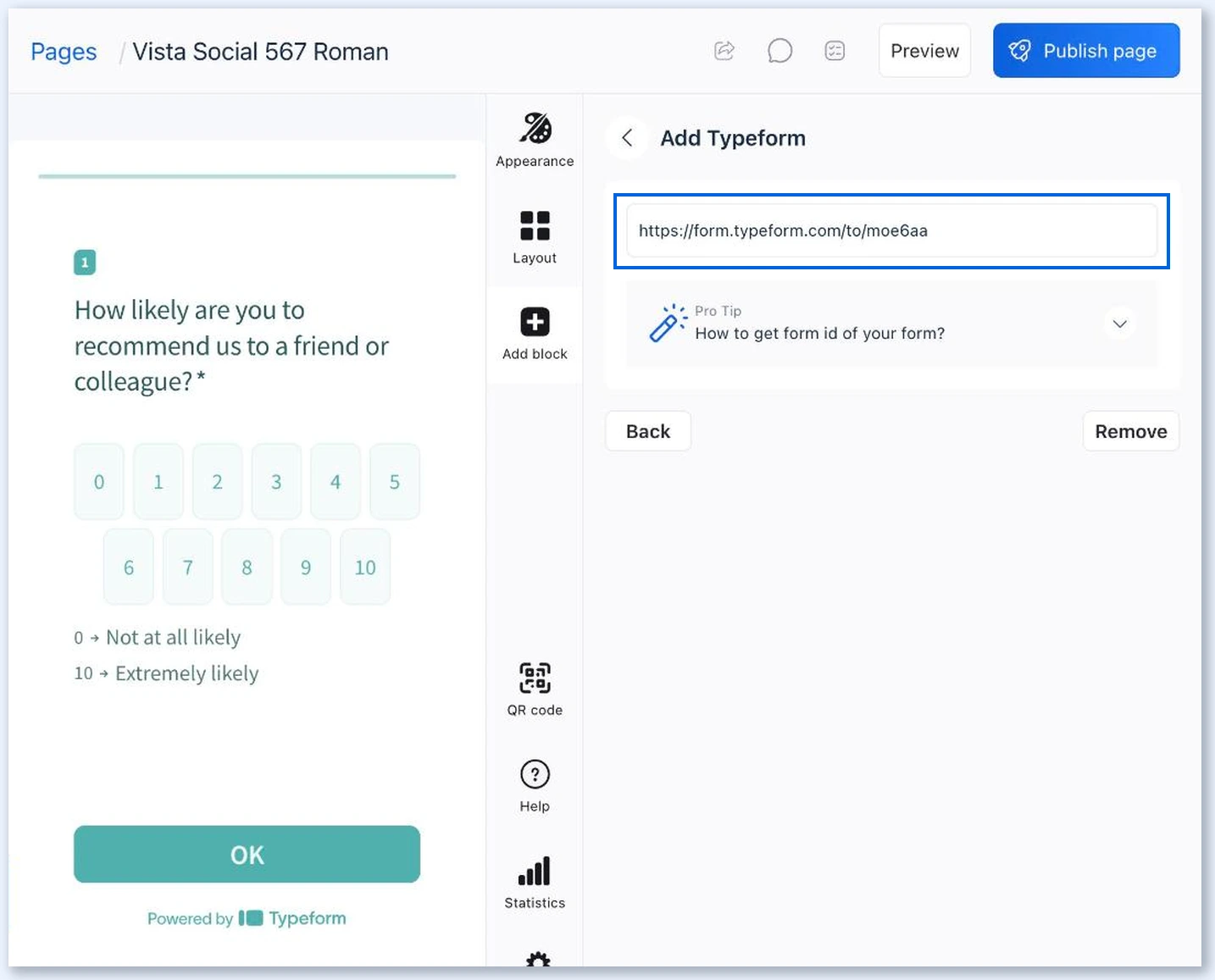 Painel Add Typeform com o link de um formulário e o formulário na prévia