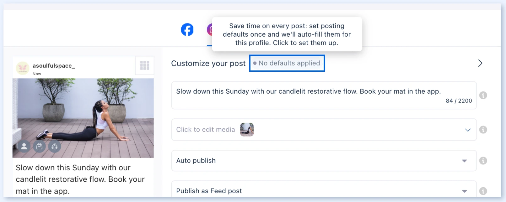 No defaults applied junto a Customize your post en la ventana de publicación