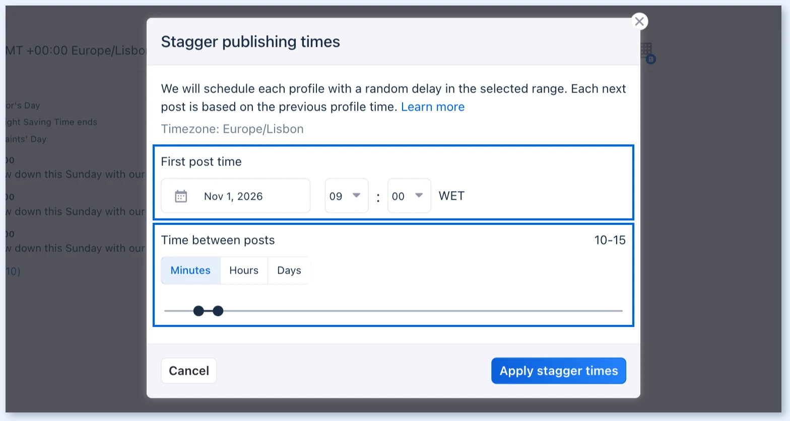 Окно Stagger publishing times
